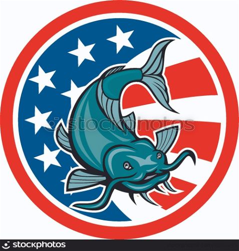 Illustration of a catfish swimming with american flag stars and stripes in the background set inside circle done in cartoon style.. Catfish Swimming American Flag Circle Cartoon