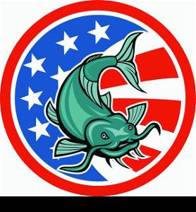 Illustration of a catfish swimming with american flag stars and stripes in the background set inside circle done in cartoon style.. Catfish Swimming American Flag Circle Cartoon