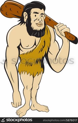 Illustration of a caveman or neanderthal man standing holding a club facing front on isolated white background done in cartoon style.. Caveman Neanderthal Man Holding Club Cartoon
