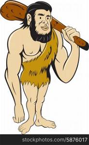 Illustration of a caveman or neanderthal man standing holding a club facing front on isolated white background done in cartoon style.. Caveman Neanderthal Man Holding Club Cartoon