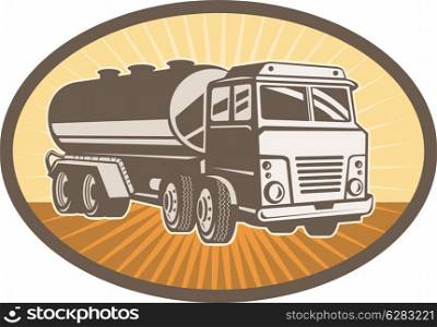 illustration of a cement truck set inside an ellipse with sunburst in background. cement truck