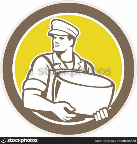 Illustration of a cheesemaker standing holding parmesan cheese block facing to side set inside circle on isolated background done in retro style.. Cheesemaker Holding Parmesan Cheese Circle