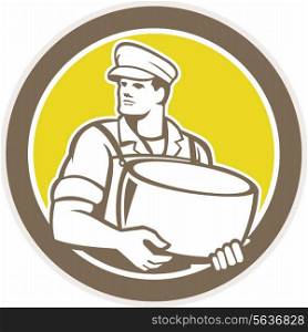 Illustration of a cheesemaker standing holding parmesan cheese block facing to side set inside circle on isolated background done in retro style.. Cheesemaker Holding Parmesan Cheese Circle