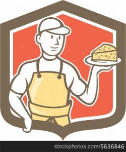 Illustration of a cheesemaker standing holding parmesan cheese block on plate set inside shield crest on isolated background done in cartoon style.. Cheesemaker Holding Parmesan Cheese Cartoon