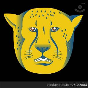 Illustration of a cheetah head facing front on black background.. cheetah head facing front