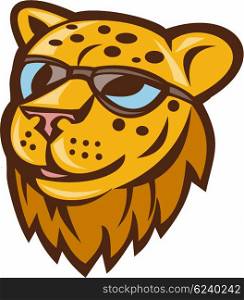 Illustration of a cheetah head smiling wearing sunglasses viewed from front set on isolated background done in cartoon style. . Cheetah Head Sunglasses Smiling Cartoon