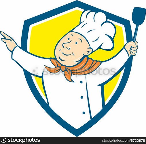 Illustration of a chef cook baker arms out holding spatula looking up to the side set inside shield crest on isolated background done in cartoon style.