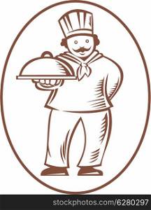 Illustration of a chef cook baker holding a platter dish done in retro woodcut style on isolated white background.. Chef Cook Baker Holding Dish Platter