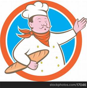 Illustration of a chef cook baker holding baguette bread set inside circle on isolated background done in cartoon style. Chef Cook Holding Baguette Circle Cartoon