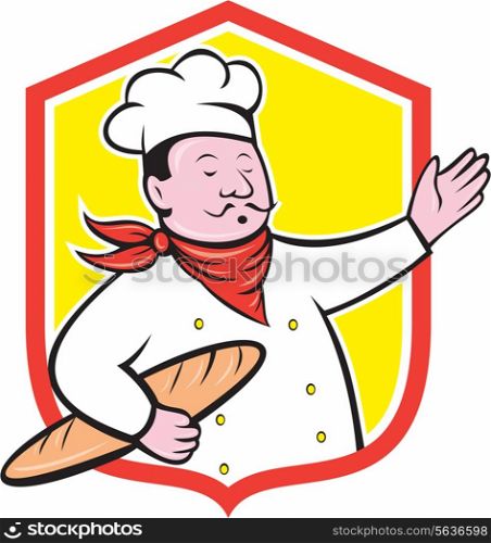 Illustration of a chef cook baker holding baguette bread set inside shield crest on isolated background done in cartoon style