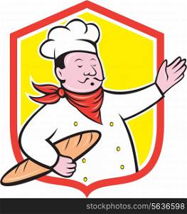 Illustration of a chef cook baker holding baguette bread set inside shield crest on isolated background done in cartoon style
