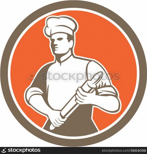 Illustration of a chef cook baker holding rolling pin looking to the side set inside circle done in retro style.. Chef Cook Rolling Pin Circle Retro