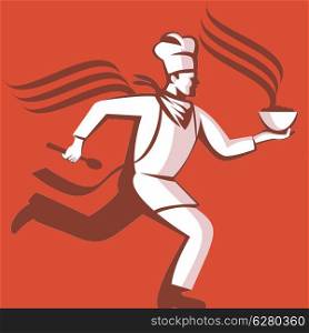 Illustration of a chef cook baker running with spoon and bowl of hot food viewed from side done in retro style.. Chef Cook Baker Running With Soup Bowl