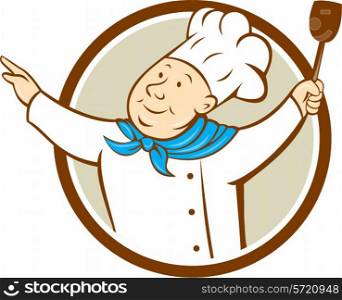 Illustration of a chef cook baker with arms out holding spatula looking up to the side set inside circle on isolated background done in cartoon style. . Chef Cook Arms Out Spatula Circle Cartoon