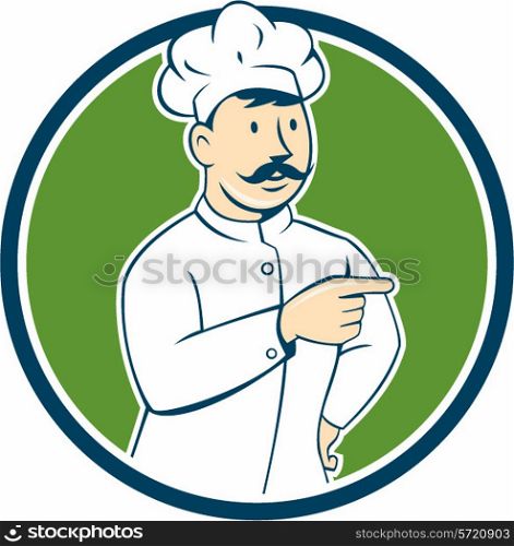 Illustration of a chef cook baker with mustache pointing looking to the side set inside circle on isolated background done in cartoon style. . Chef Cook Mustache Pointing Circle Cartoon