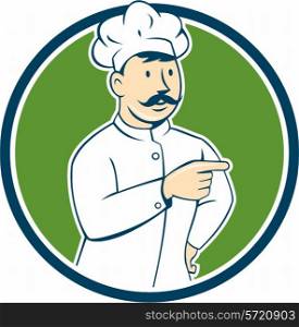 Illustration of a chef cook baker with mustache pointing looking to the side set inside circle on isolated background done in cartoon style. . Chef Cook Mustache Pointing Circle Cartoon
