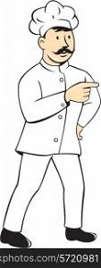 Illustration of a chef cook baker with mustache standing pointing looking to the side set inside circle on isolated background done in cartoon style. . Chef Cook Mustache Standing Pointing Cartoon