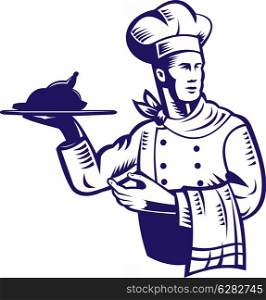 illustration of a chef cook done in retro woodcut style holding serving tray with roast chicken and towel on other hand. chef cook with roast chicken