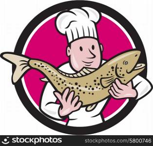 Illustration of a chef cook handling holding up a trout salmon fish facing front set inside circle done in cartoon style.. Chef Cook Holding Trout Fish Circle Cartoon