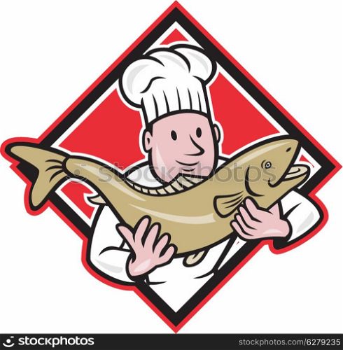 Illustration of a chef cook handling holding up a trout salmon fish facing front set inside diamond shape done in cartoon style.. Chef Cook Handling Salmon Trout Fish Cartoon