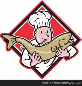 Illustration of a chef cook handling holding up a trout salmon fish facing front set inside diamond shape done in cartoon style.. Chef Cook Handling Salmon Trout Fish Cartoon