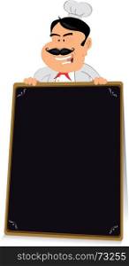 Illustration of a chef cook holding blackboard sign for restaurant menu. Blackboard Restaurant Sign