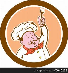 Illustration of a chef cook holding fork set inside circle on isolated background done in cartoon style. . Chef Cook Holding Fork Cartoon