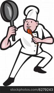 Illustration of a chef cook holding frying pan in kung fu fighting stance set inside circle on isolated background done in cartoon style.. Chef Cook Holding Frying Pan Kung Fu Stance Cartoon