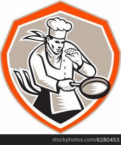 Illustration of a chef cook holding frying pan set inside shield on isolated background done in retro woodcut style.. Chef Cook Holding Frying Pan Retro