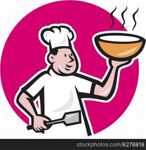 Illustration of a chef cook holding hot bowl of noodle soup viewed from side set inside oval shape done in cartoon style on isolated white background.