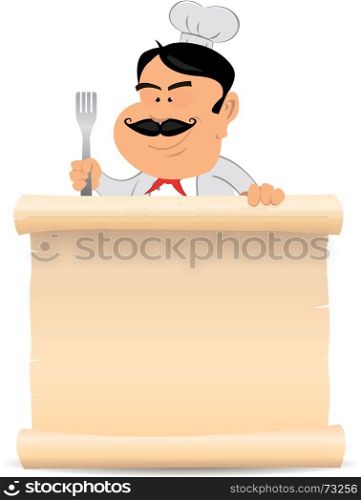 Illustration of a chef cook holding parchment. To use as a blank sign to display your restaurant menu. Chef Cook Holding Parchment Menu