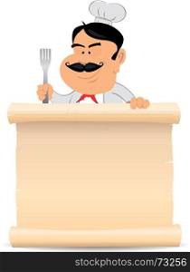 Illustration of a chef cook holding parchment. To use as a blank sign to display your restaurant menu. Chef Cook Holding Parchment Menu