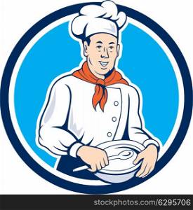 Illustration of a chef cook holding spoon and bowl et inside circle on isolated background done in cartoon style. . Chef Cook Holding Spoon Bowl Circle Cartoon