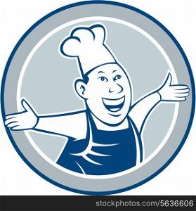 Illustration of a chef cook looking happy smiling with arms out welcoming set inside circle on isolated background done in cartoon style.. Chef Cook Happy Arms Out Circle Cartoon