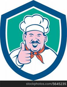 Illustration of a chef cook looking happy smiling with thumbs up set inside shield crest on isolated background done in cartoon style.. Chef Cook Happy Thumbs Up Shield Cartoon