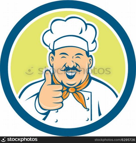 Illustration of a chef cook looking happy smiling with thumbs up set inside circle on isolated background done in retro style.. Chef Cook Happy Thumbs Up Circle Retro