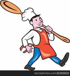 Illustration of a chef cook marching holding spoon over shoulder on isolated white background done in cartoon style.. Chef Cook Marching Spoon Cartoon