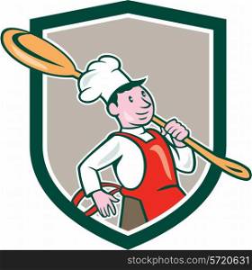 Illustration of a chef cook marching holding spoon over shoulder set inside shield crest on isolated background done in cartoon style.. Chef Cook Marching Spoon Shield Cartoon