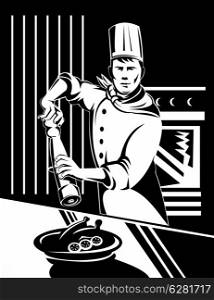 illustration of a chef, cook or baker done in retro style holding pepper shaker in kitchen