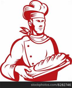 illustration of a chef, cook or baker done in retro style holding dough bread on tray