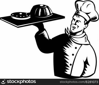 illustration of a chef, cook or baker done in retro woodcut style serving pastry and bakery products