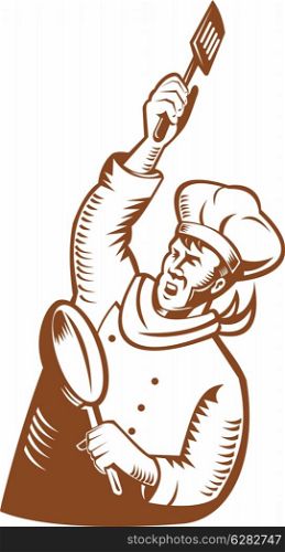 illustration of a chef, cook or baker done in retro woodcut style holding a frying pan and spatula isolated on white