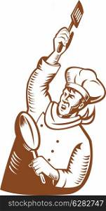 illustration of a chef, cook or baker done in retro woodcut style holding a frying pan and spatula isolated on white