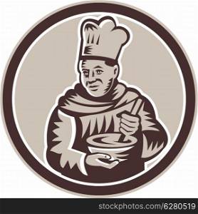 Illustration of a chef, cook or baker food in bowl facing front set inside circle done in retro woodcut style on isolated background.