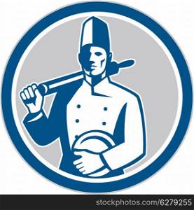 Illustration of a chef, cook or baker holding roller over shoulder and plate on other hand facing front set inside circle done in retro style.