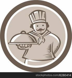 Illustration of a chef, cook or baker holding serving plate platter of food set inside circle done in retro style on isolated background.