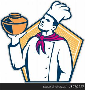 Illustration of a chef, cook or baker holding serving pot of food done in retro style set inside hexagon.