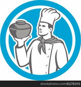 Illustration of a chef, cook or baker holding serving pot of food viewed from front set inside circle done in retro style.