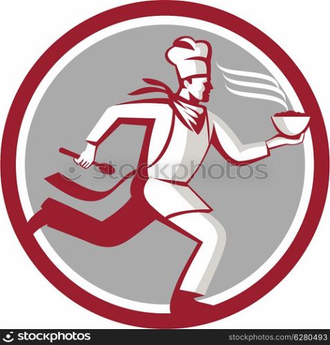 Illustration of a chef, cook or baker running serving hot food bowl set inside circle with done in retro style on isolated background.
