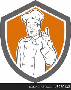 illustration of a chef, cook or baker with hand pointing up viewed from front set inside shield done in retro style on isolated background.